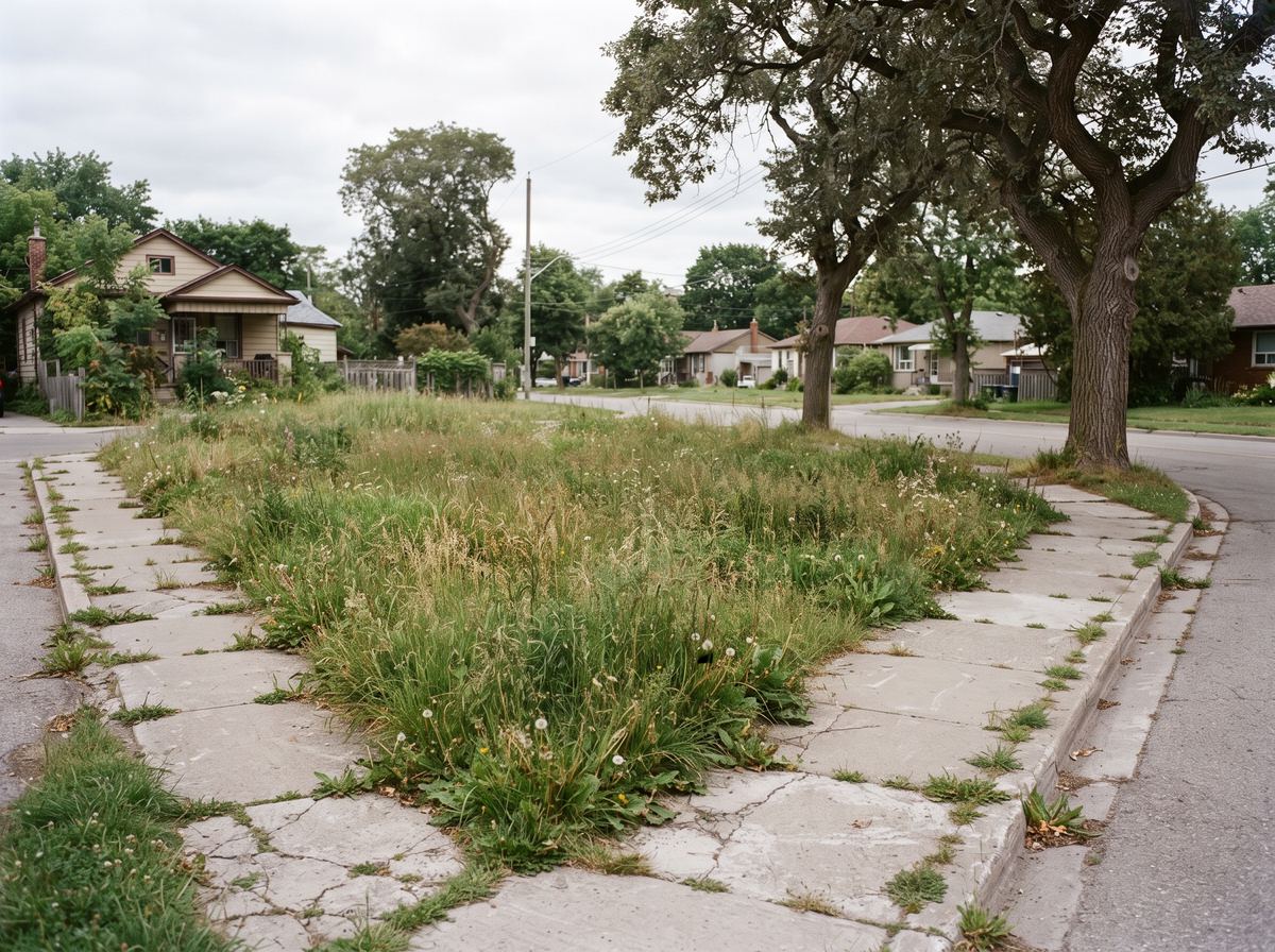 An overgrown empty corner lot in an older residential neighbourhood, grass knee high beside a cracked sidewalk.