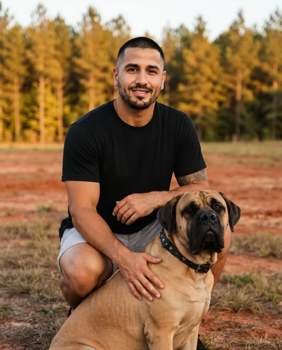 Jock, who buys land for cash, standing outdoors with his mastiff.