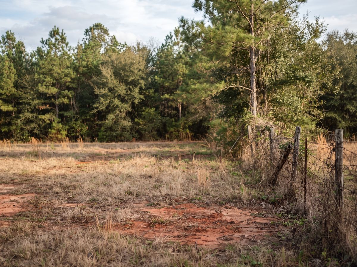 A vacant wooded lot in rural Alabama, red clay showing through patchy grass with a treeline of pines behind it.